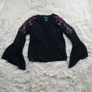 American Eagle Rose Embroidered Faux Wrap Top L